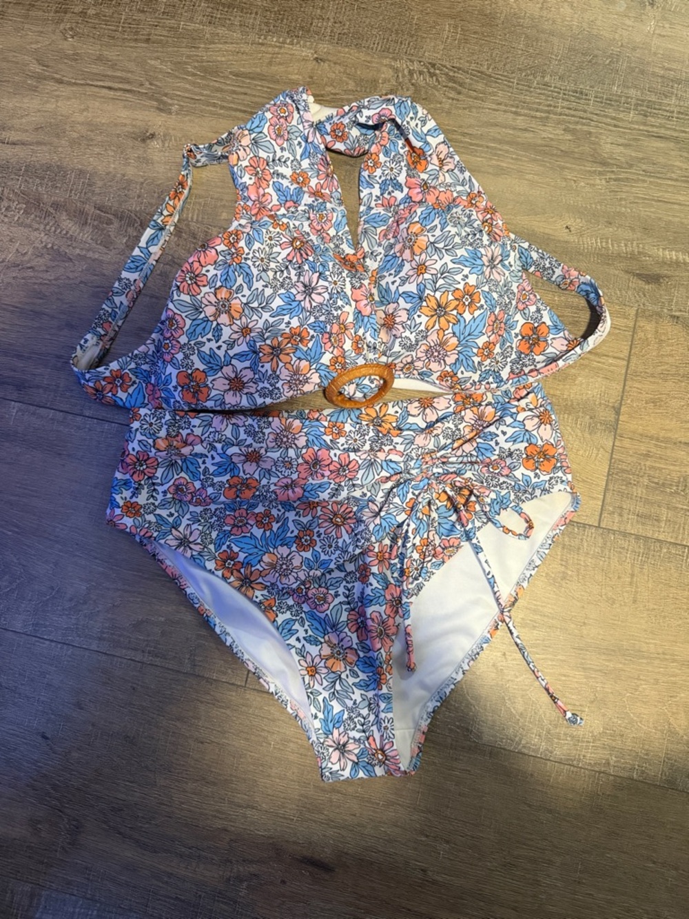 Floral Halter One-Piece Swimsuit in White with Pink & Orange Blooms